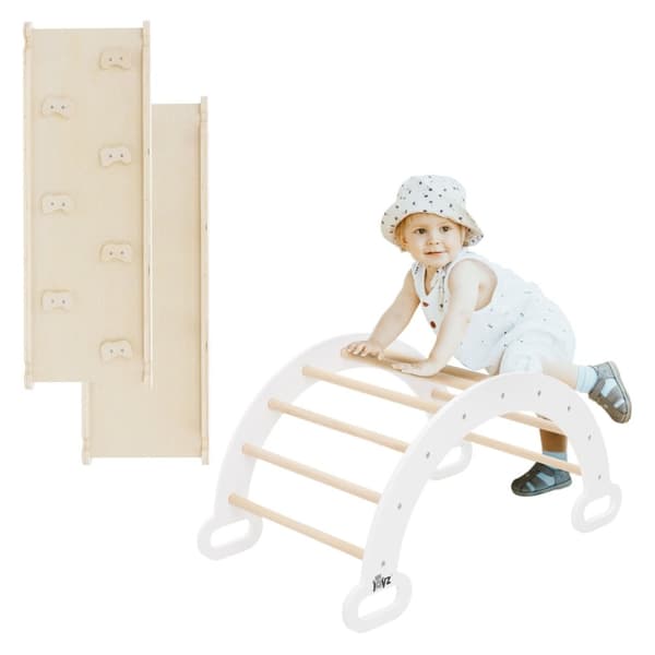 Joyz 2 i 1 klätterbåge med rutschkana; vit-natur; trä; regnbågsgunga med klätterramp; i Pikler-stil; 2-pack inomhusklätterställning för barn från 1