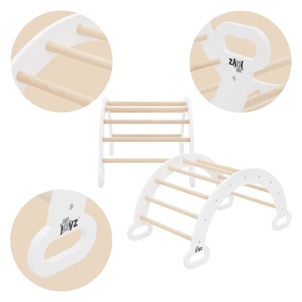 Joyz 2 in 1 kiipeilykaari liukumäellä; valkoinen; puinen; sateenkaarikeinu kiipeilyrampilla; Pikler-tyylinen; 2 kpl sisäkiipeilytelineitä lapsille 1