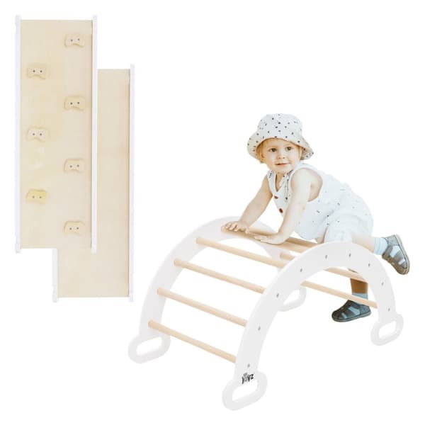 Joyz 2 in 1 kiipeilykaari liukumäellä; valkoinen; puinen; sateenkaarikeinu kiipeilyrampilla; Pikler-tyylinen; 2 kpl sisäkiipeilytelineitä lapsille 1