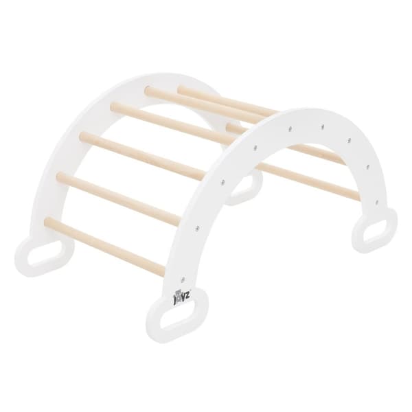 Joyz 2 in 1 kiipeilykaari liukumäellä; valkoinen; puinen; sateenkaarikeinu kiipeilyrampilla; Pikler-tyylinen; 2 kpl sisäkiipeilytelineitä lapsille 1