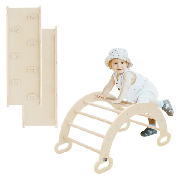 Joyz 2 i 1 klätterbåge med rutschkana; natur; av trä; regnbågsgunga med klätterramp; i Pikler-stil; 2-pack inomhus klätterställning för barn från 1