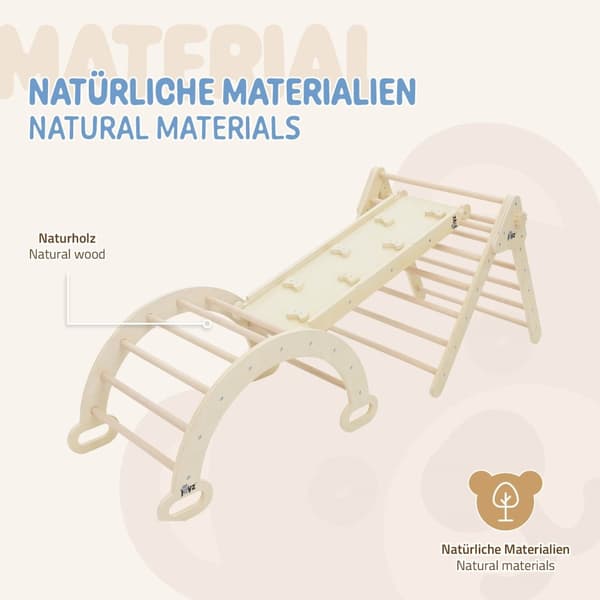 Joyz 3in1 klatretrekant med rutsjebane og klatrebue; naturfarvet træ; buet håndtag med klatrerampe Pikler-stil; Montessori-klatrestativ indendørs til