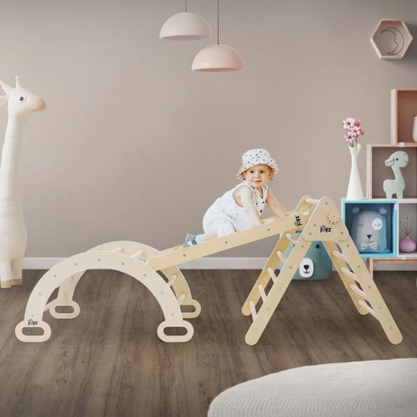 Joyz 3in1 klatretrekant med rutsjebane og klatrebue; naturfarvet træ; buet håndtag med klatrerampe Pikler-stil; Montessori-klatrestativ indendørs til