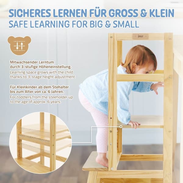 Joyz Lærertårn til børn; læringsstol fra 1 år; børnestol af naturligt træ; lærertårn med beskyttelsesstang; justerbar højstol skammel; 2-trins