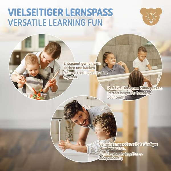 Joyz Lærertårn til børn; læringsstol fra 1 år; børnestol af naturligt træ; lærertårn med beskyttelsesstang; justerbar højstol skammel; 2-trins