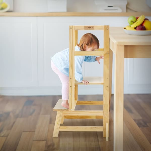 Joyz Lærertårn til børn; læringsstol fra 1 år; børnestol af naturligt træ; lærertårn med beskyttelsesstang; justerbar højstol skammel; 2-trins