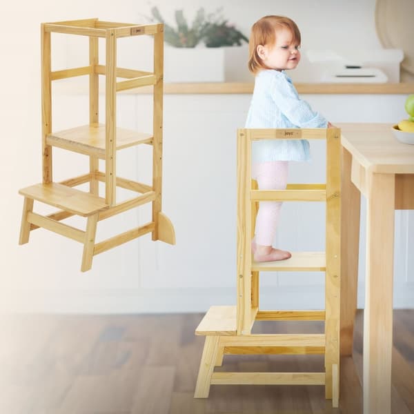 Joyz Lærertårn til børn; læringsstol fra 1 år; børnestol af naturligt træ; lærertårn med beskyttelsesstang; justerbar højstol skammel; 2-trins
