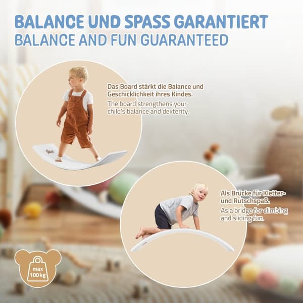 Joyz Balansbräda i trä för barn & vuxna; vit med grå filt; halkfri; 83x30 cm; balansgunga; Montessori-leksak från 3 år; balansbräda; gungbräda;