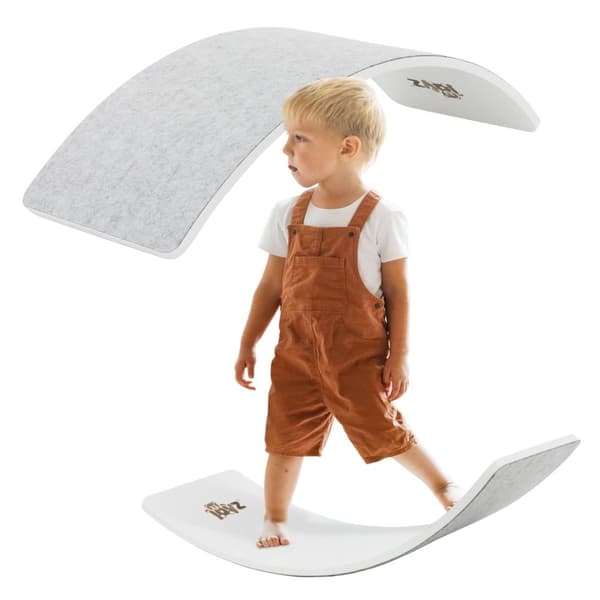 Joyz Balance Board i træ til børn og voksne; hvid med grå filt; anti-slip; 83x30 cm; balancevugge; Montessori legetøj fra 3 år; balancetavle;