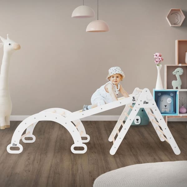 Joyz 3 i 1 Klatrestativ med rutsjebane og klatrebue; hvid; træ; bue-vippe med klatrerampe; Pikler-stil; Montessori klatrestativsæt til indendørs brug