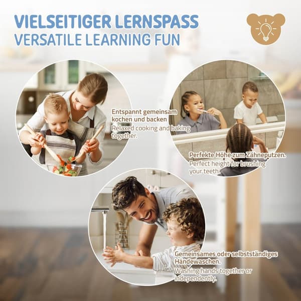 Joyz Læretårn til børn fra 1 år 2i1; Montessori læretårn med tavle; hvid/træ; Trinløs omdannelse til børnebord og -stol; Lærestol Højstol Skammel