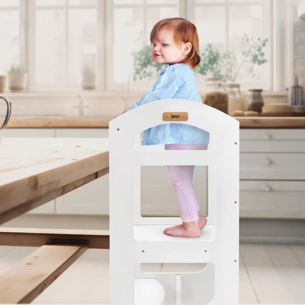 Joyz Læretårn til børn fra 1 år 2i1; Montessori læretårn med tavle; hvid/træ; Trinløs omdannelse til børnebord og -stol; Lærestol Højstol Skammel