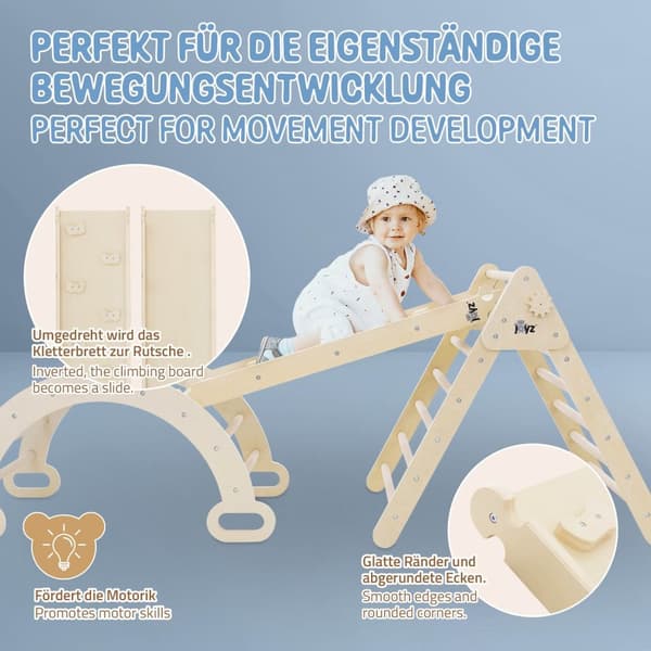 Joyz Rutsche til klatretrekant med 7 greb; natur; rutsjebane til klatrestativ; klatrerampe i træ til klatrebue; Pikler trekant; Montessori legetøj;