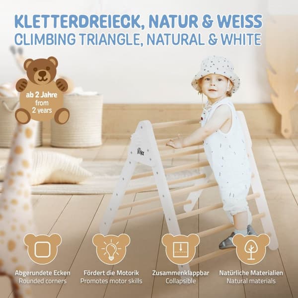 Joyz Klatretrekant til børn; hvid; indendørs klatrestativ af massivt træ; Pikler trekant; Montessori legetøj; trætrekant til baby fra 1 år;