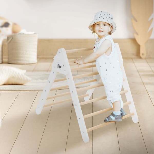 Joyz Klatretrekant til børn; hvid; indendørs klatrestativ af massivt træ; Pikler trekant; Montessori legetøj; trætrekant til baby fra 1 år;