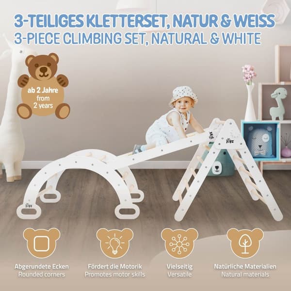 Klättertriangel 3 i 1 set 188x52x70 cm naturligt trä inkl. rutschkana &amp; klätterbåge Joyz