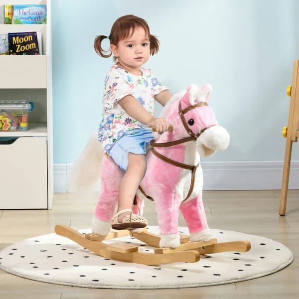 Rootz-keinuhevonen - Jalustimien satula - Äänitehosteet - Musiikki - Pehmoinen runko - Metallirunko - Jopa 30 kg - Vaaleanpunainen - 68cm x 26cm x 62c