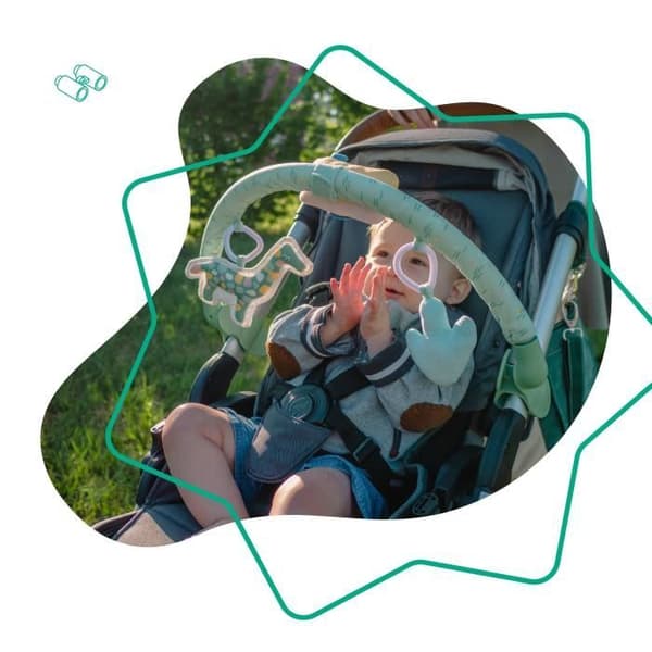 BADABULLE Universal babyaktivitetsbåge, 3 sensoriska leksaker, lätt att placera med 360° roterande klämmor