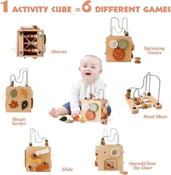 OBOSOE Montessori -lelu, puinen luova moottorikuutio, 6-in-1 toimintakuutio, puinen lelulahja pojille ja tytöille 1-3 vuotta