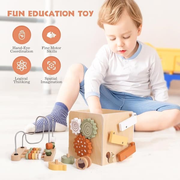 OBOSOE Montessori -lelu, puinen luova moottorikuutio, 6-in-1 toimintakuutio, puinen lelulahja pojille ja tytöille 1-3 vuotta