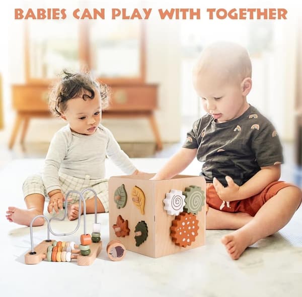 OBOSOE Montessori -lelu, puinen luova moottorikuutio, 6-in-1 toimintakuutio, puinen lelulahja pojille ja tytöille 1-3 vuotta