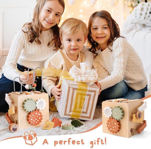 OBOSOE Montessori -lelu, puinen luova moottorikuutio, 6-in-1 toimintakuutio, puinen lelulahja pojille ja tytöille 1-3 vuotta