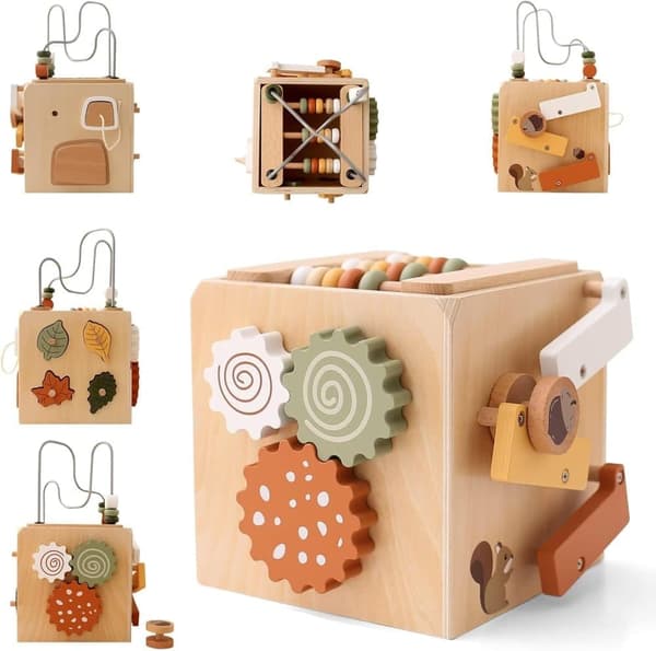 OBOSOE Montessori -lelu, puinen luova moottorikuutio, 6-in-1 toimintakuutio, puinen lelulahja pojille ja tytöille 1-3 vuotta