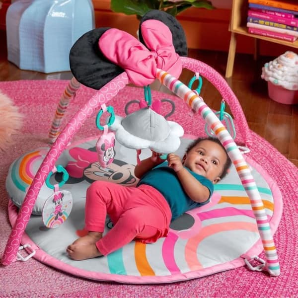 DISNEY BABY -MINNIE- Babylekmatta, utvecklande båge med sensoriska och musikaliska leksaker, ljusgirlang, spegel