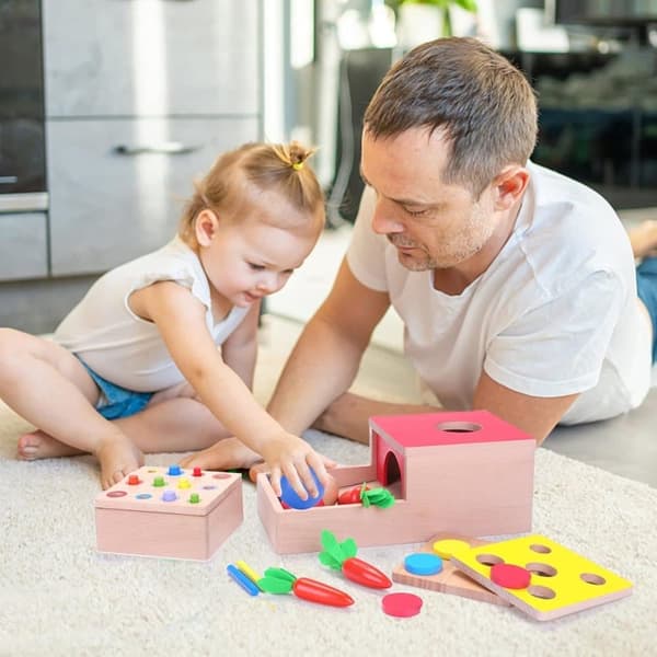 Bomclap Träleksak, Montessori Utvecklingsleksak - 4-i-1 Träpussel, Motoriktränande Present för Barn 2-4 år