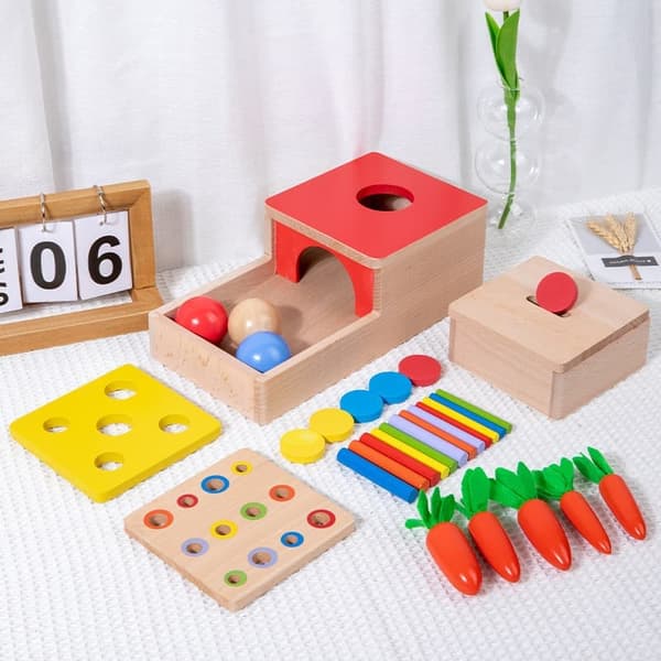 Bomclap Träleksak, Montessori Utvecklingsleksak - 4-i-1 Träpussel, Motoriktränande Present för Barn 2-4 år