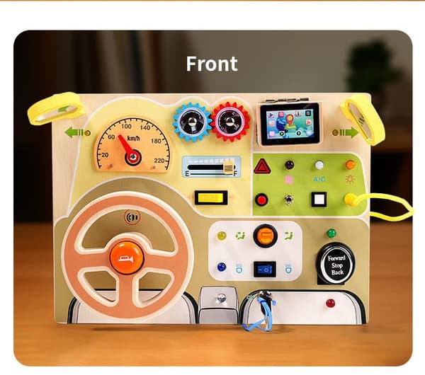 Lollanda Montessori Busy Board – Träaktivitetstavla med ratt och LED-knappar, sensorisk och motorisk aktivitetsleksak