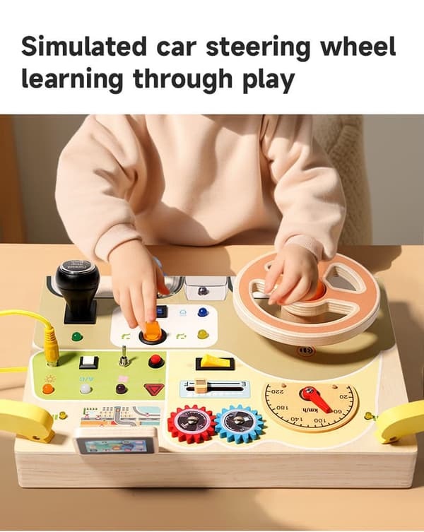 Lollanda Montessori Busy Board – Träaktivitetstavla med ratt och LED-knappar, sensorisk och motorisk aktivitetsleksak