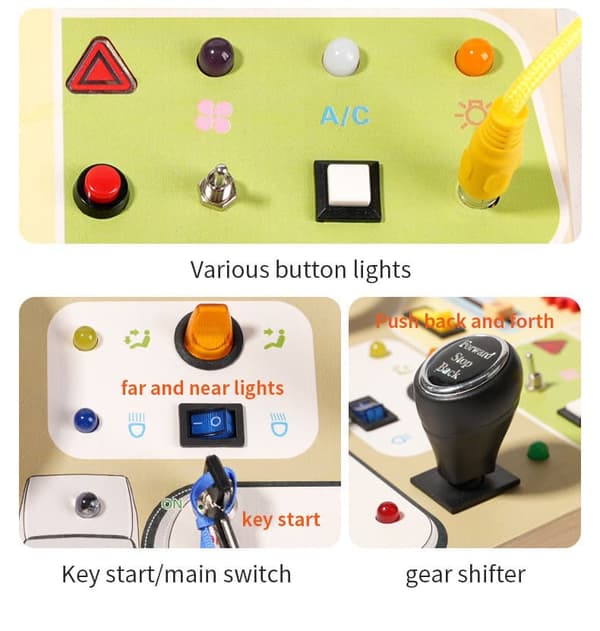 Lollanda Montessori Busy Board – Träaktivitetstavla med ratt och LED-knappar, sensorisk och motorisk aktivitetsleksak