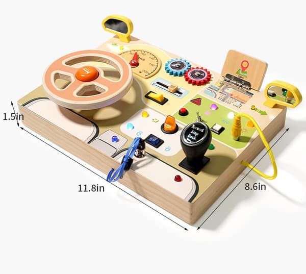 Lollanda Montessori Busy Board – Träaktivitetstavla med ratt och LED-knappar, sensorisk och motorisk aktivitetsleksak