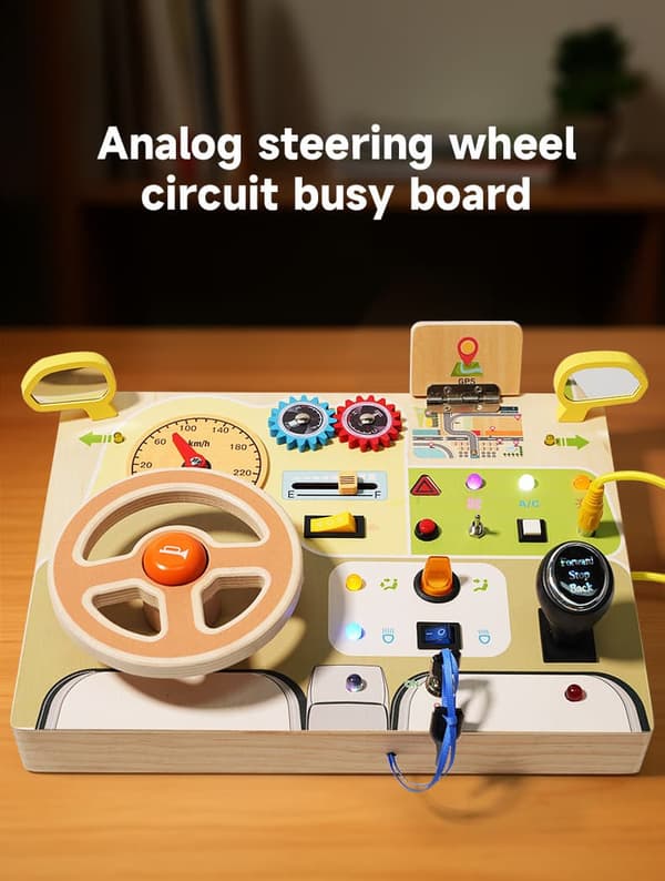 Lollanda Montessori Busy Board – Träaktivitetstavla med ratt och LED-knappar, sensorisk och motorisk aktivitetsleksak
