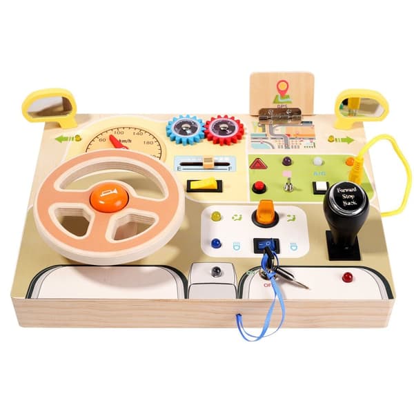 Lollanda Montessori Busy Board – Träaktivitetstavla med ratt och LED-knappar, sensorisk och motorisk aktivitetsleksak