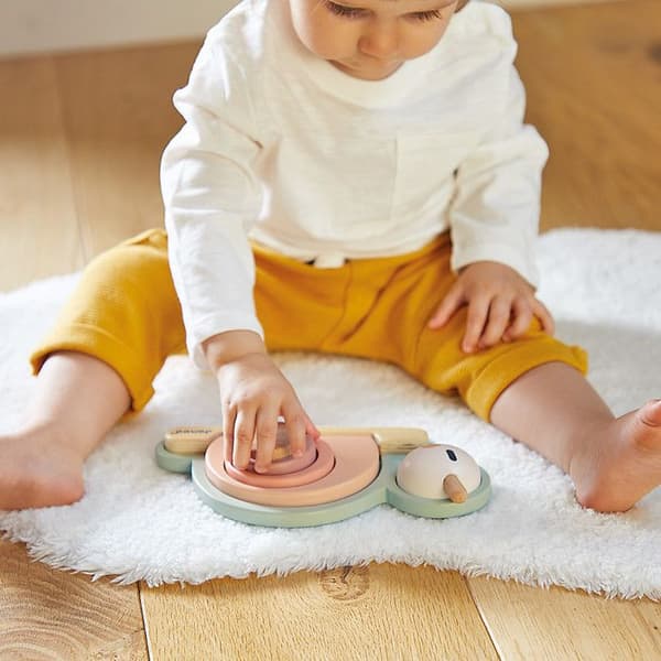 Stapelbar sensorisk snigel Sweet Cocoon - 6 FSC trästaplingsdelar - 4 sensoriska block - tidigt lärande spel - från 12 månader