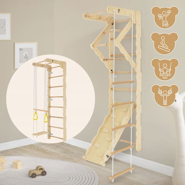 Joyz 6 i 1 set med klätterställning för inomhusbruk med ribbstolar, klätter- och glidbräda, klättervinkel, gymnastikstång, gung- och repstege,