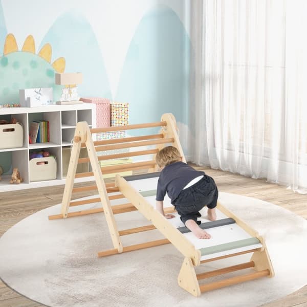Klätterset, 3-i-1 Pikler Triangel med Dubbelsidig Ramp och Justerbar Klättertriangel, 115x69x60 cm, Naturalfärgad