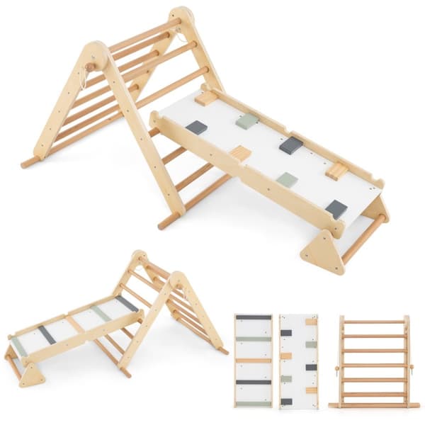 Klätterset, 3-i-1 Pikler Triangel med Dubbelsidig Ramp och Justerbar Klättertriangel, 115x69x60 cm, Naturalfärgad