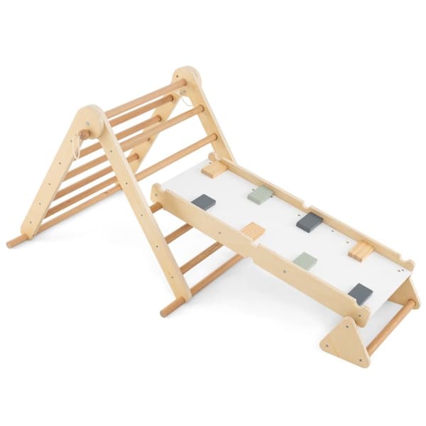 Klätterset, 3-i-1 Pikler Triangel med Dubbelsidig Ramp och Justerbar Klättertriangel, 115x69x60 cm, Naturalfärgad
