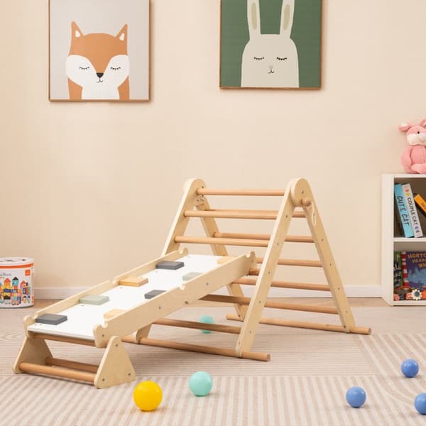 Klätterset, 3-i-1 Pikler Triangel med Dubbelsidig Ramp och Justerbar Klättertriangel, 115x69x60 cm, Naturalfärgad