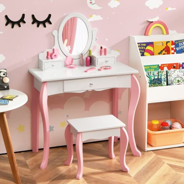 Sminkbord och Stolsset, 70x33x100 cm, Rosa/Vit