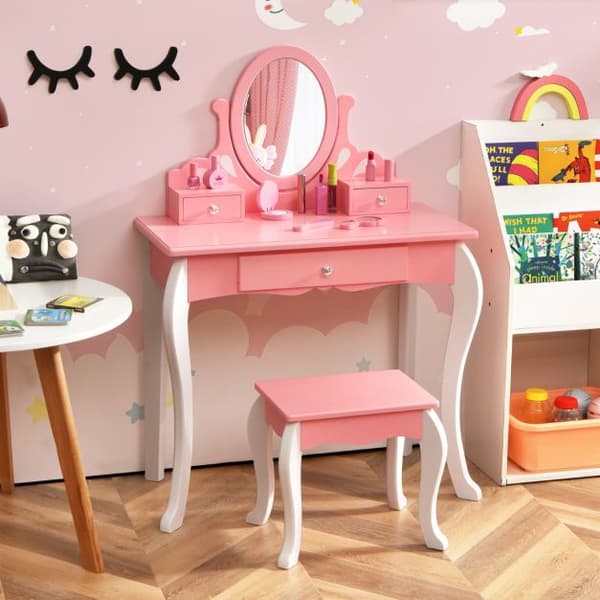 Sminkbord och Stolsset, 70x33x100 cm, Rosa/Vit