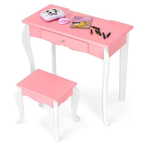 Sminkbord och Stolsset, 70x33x100 cm, Rosa/Vit