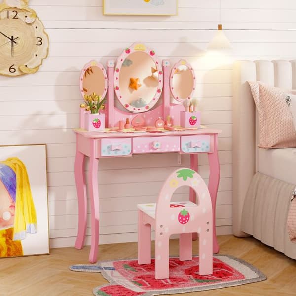 Barnsminkbord och stol set, 70x34x105 cm, Rosa/Vit