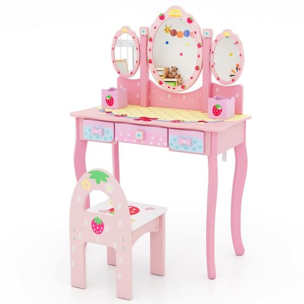 Barnsminkbord och stol set, 70x34x105 cm, Rosa/Vit