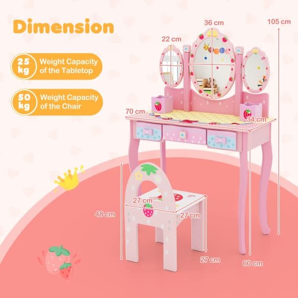 Barnsminkbord och stol set, 70x34x105 cm, Rosa/Vit