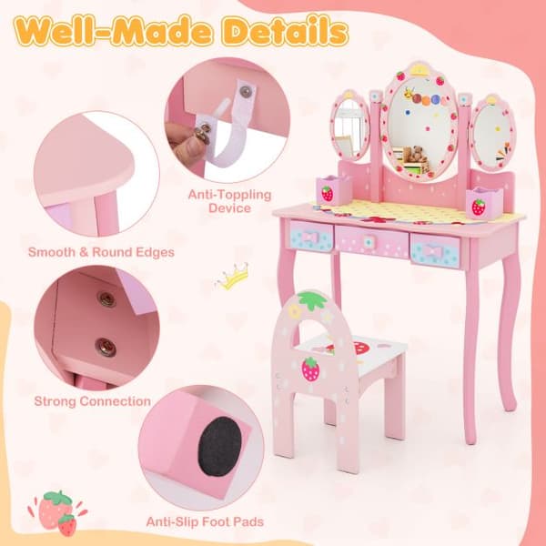 Barnsminkbord och stol set, 70x34x105 cm, Rosa/Vit