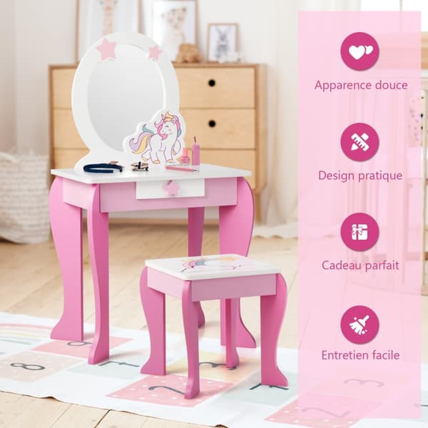 Barns Sminkbord, 49x35.5x89 cm, Vit och Rosa